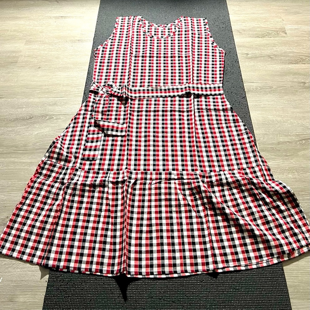 Designer Custom tailed Cotton plaid yellow sleeveless dress with self-tie belt.
